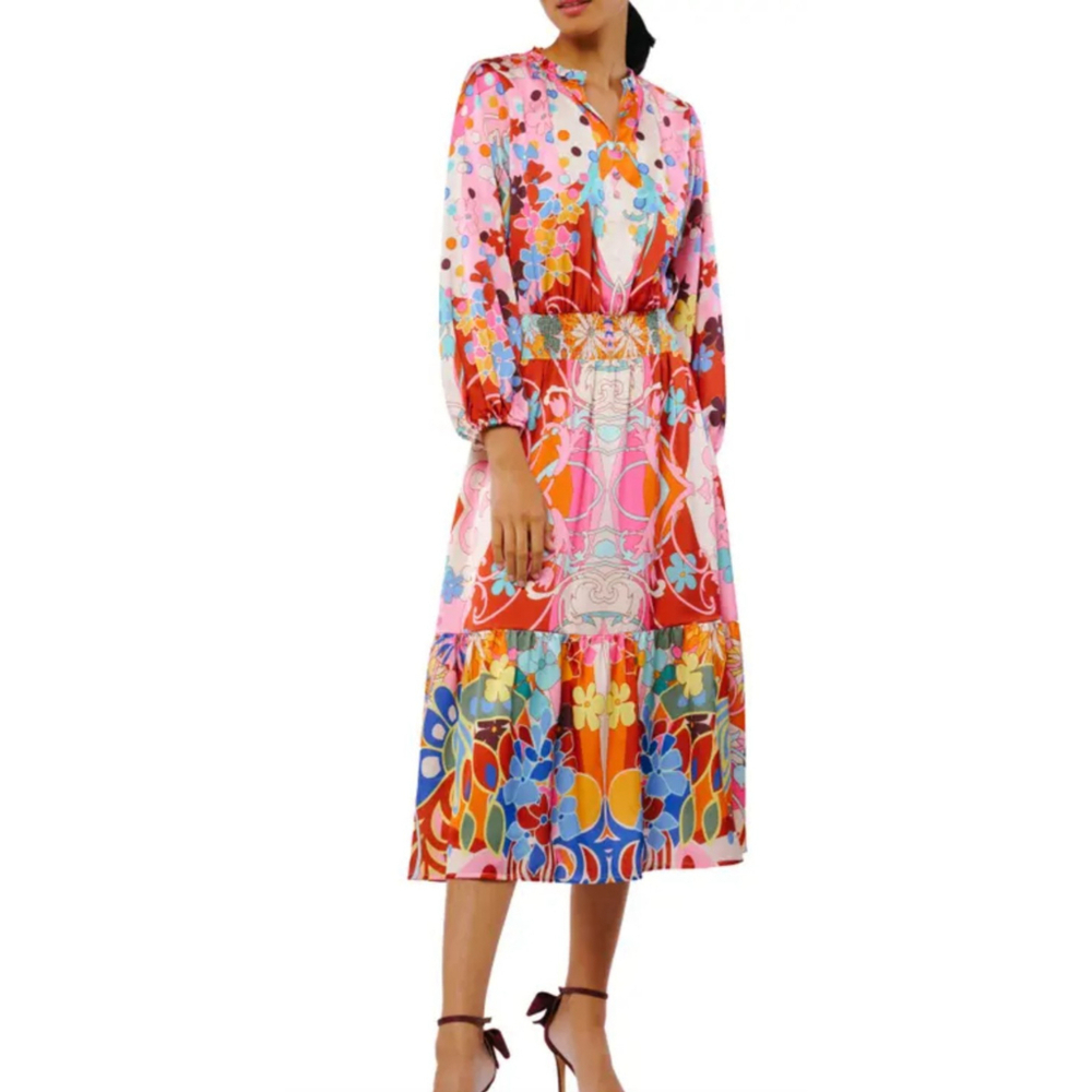 Ciebon Dress Size Medium Pink Multi Irena Abstract Print Long Sleeve Midi